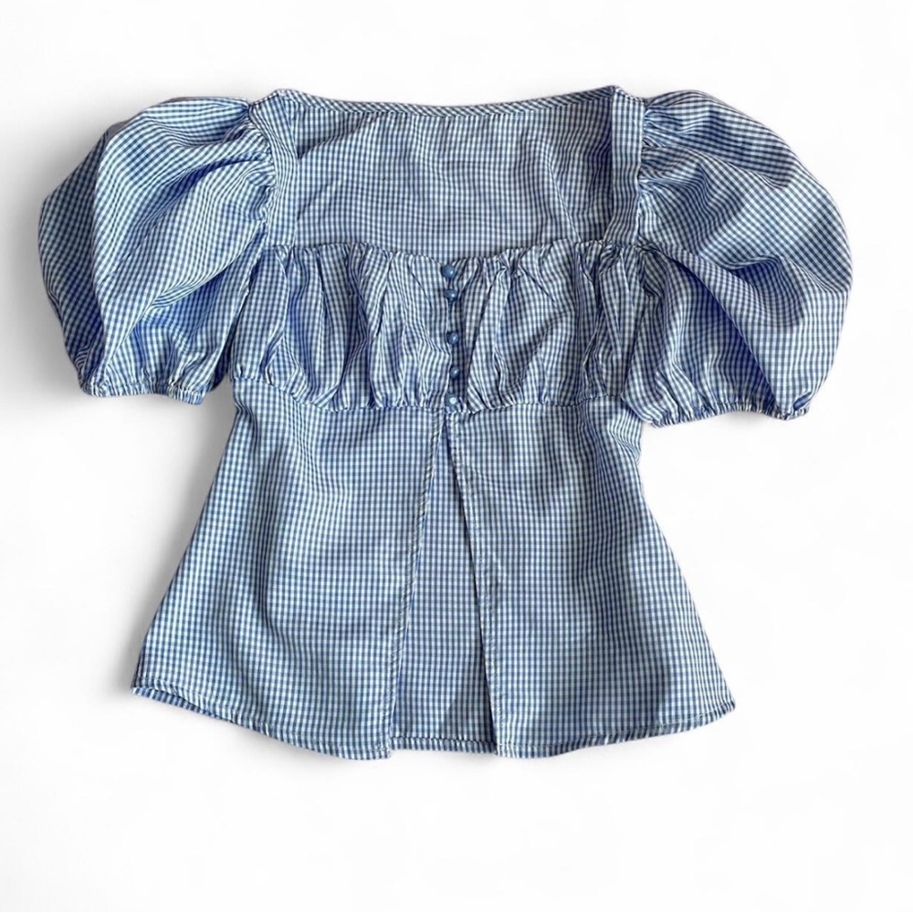 Blue Gingham Puff Sleeve Top